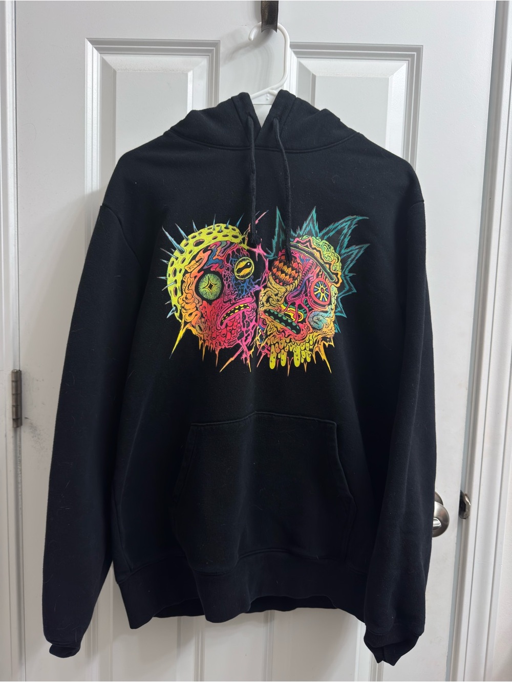 H&M Rick & Morty Black Graphic Hoodie with Neon Art and Front Pocket - Men’s M